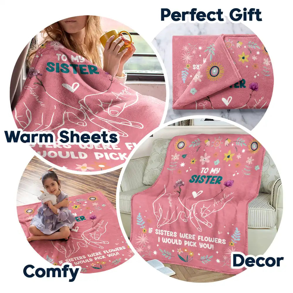 Gift For Sisters,Gift For Bestie,Love - Birth Flower Hands Holding As A Hug - Personalized Fleece Blanket, Sherpa Blanket