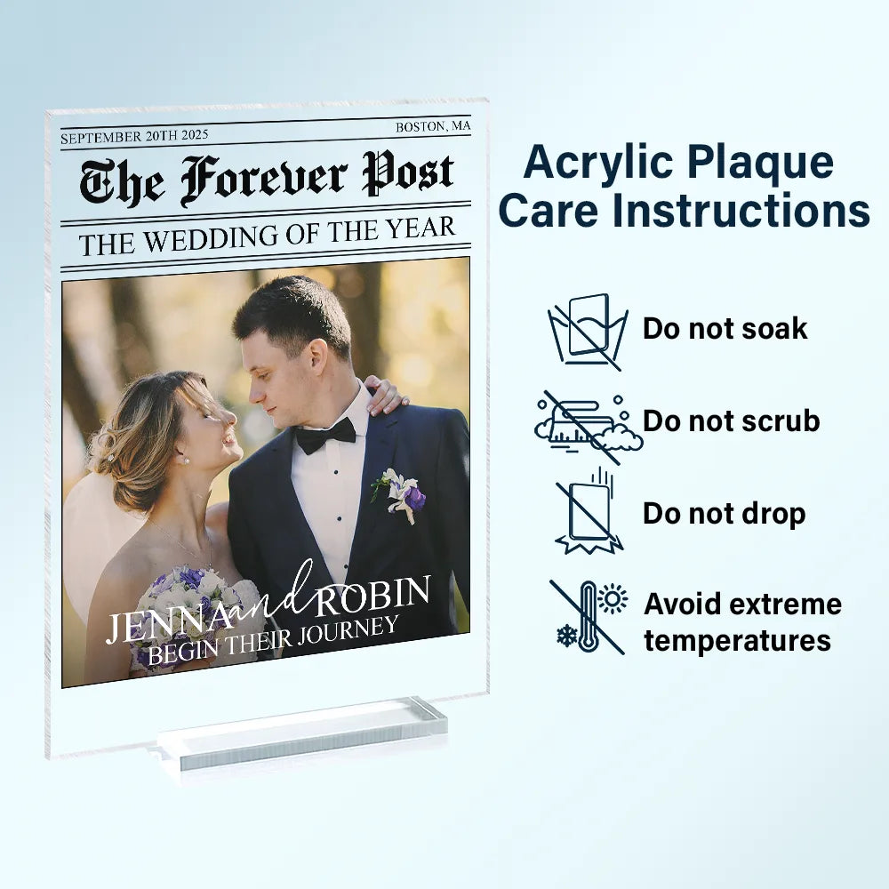 Personalized wedding acrylic plaque featuring custom couple photo in a newspaper style design image 6