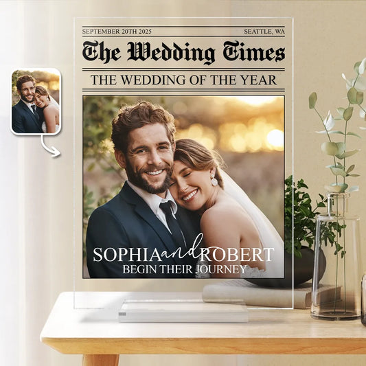 Personalized wedding acrylic plaque featuring custom couple photo in a newspaper style design