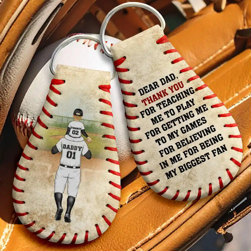 Personalized leather baseball keychain with Thank You For Teaching Me To Play quote for Dad or Grandpa