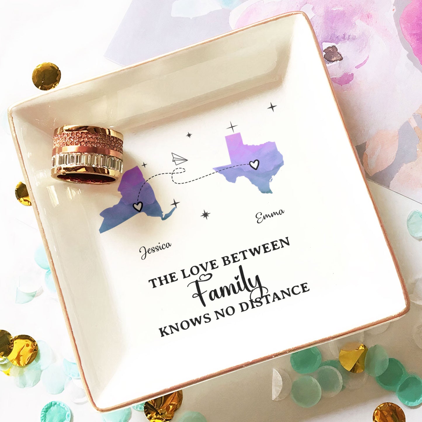 The Love Between Family Knows No Distance - Custom Multiple States - Personalized Jewelry Dish