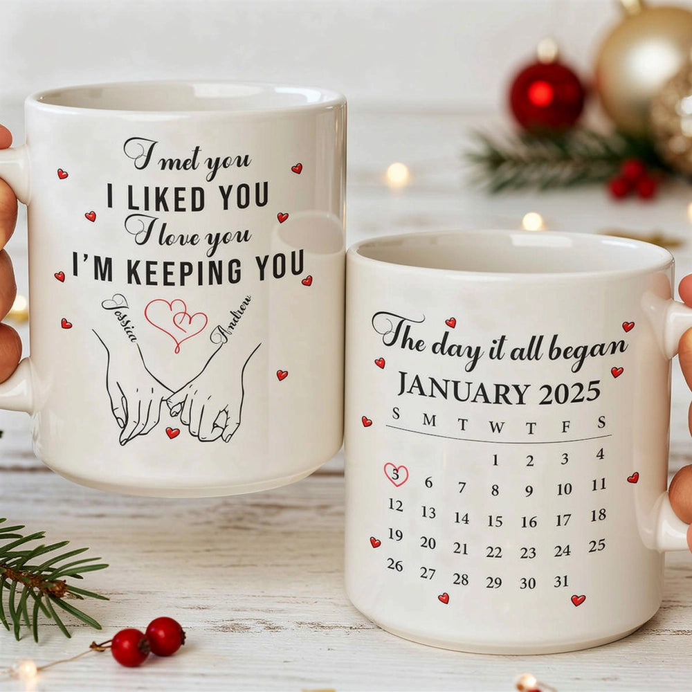 The Day It All Began - Personalized Custom Couple Quote & Calendar Mug