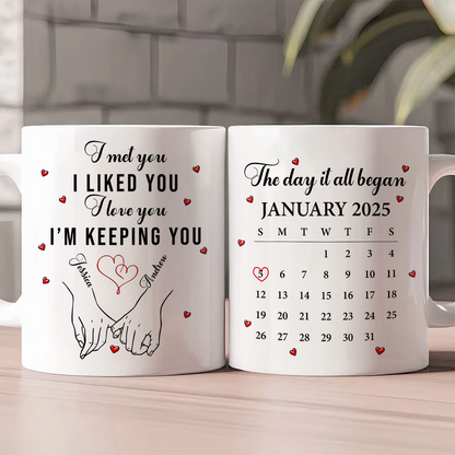 The Day It All Began - Personalized Custom Couple Quote & Calendar Mug