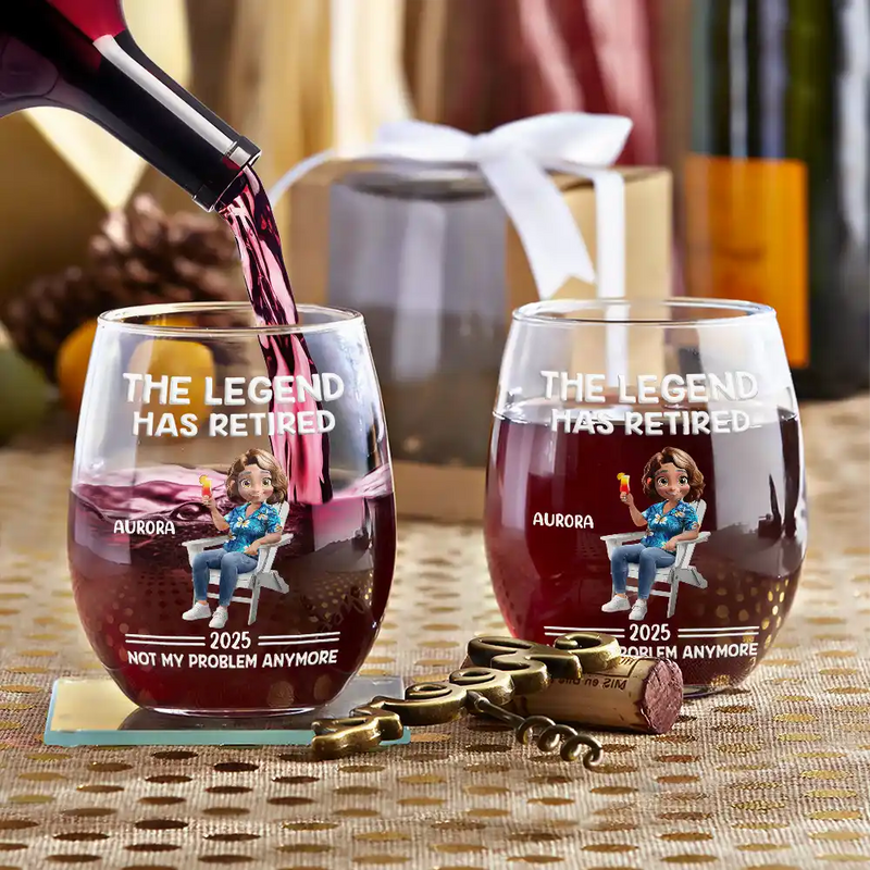 The Legend Has Retired Not My Problem Anymore - Personalized Cartoon Stemless Wine Glass