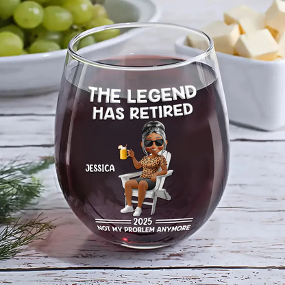 The Legend Has Retired Not My Problem Anymore - Personalized Cartoon Stemless Wine Glass