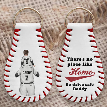 Personalized leather baseball keychain with custom names and 'There's no place like home' quote for Dad.