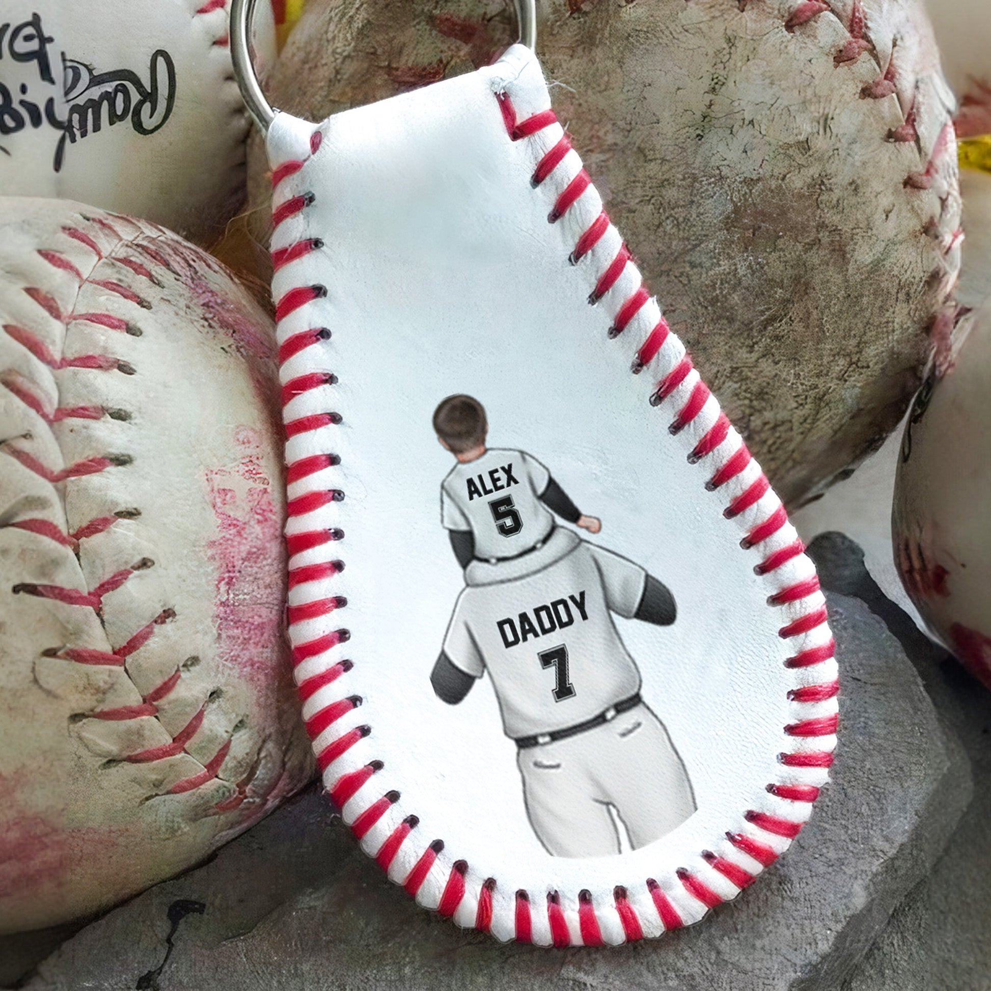 Keychain material and size view - Personalized Leather Baseball Keychain