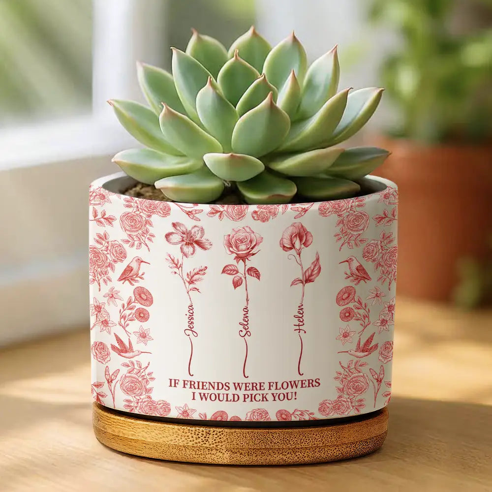 Gift For Bestie, Old Best friends, Happy - Toile De Jouy Birth Flower Grow An Old Friend - Personalized Ceramic Plant Pot