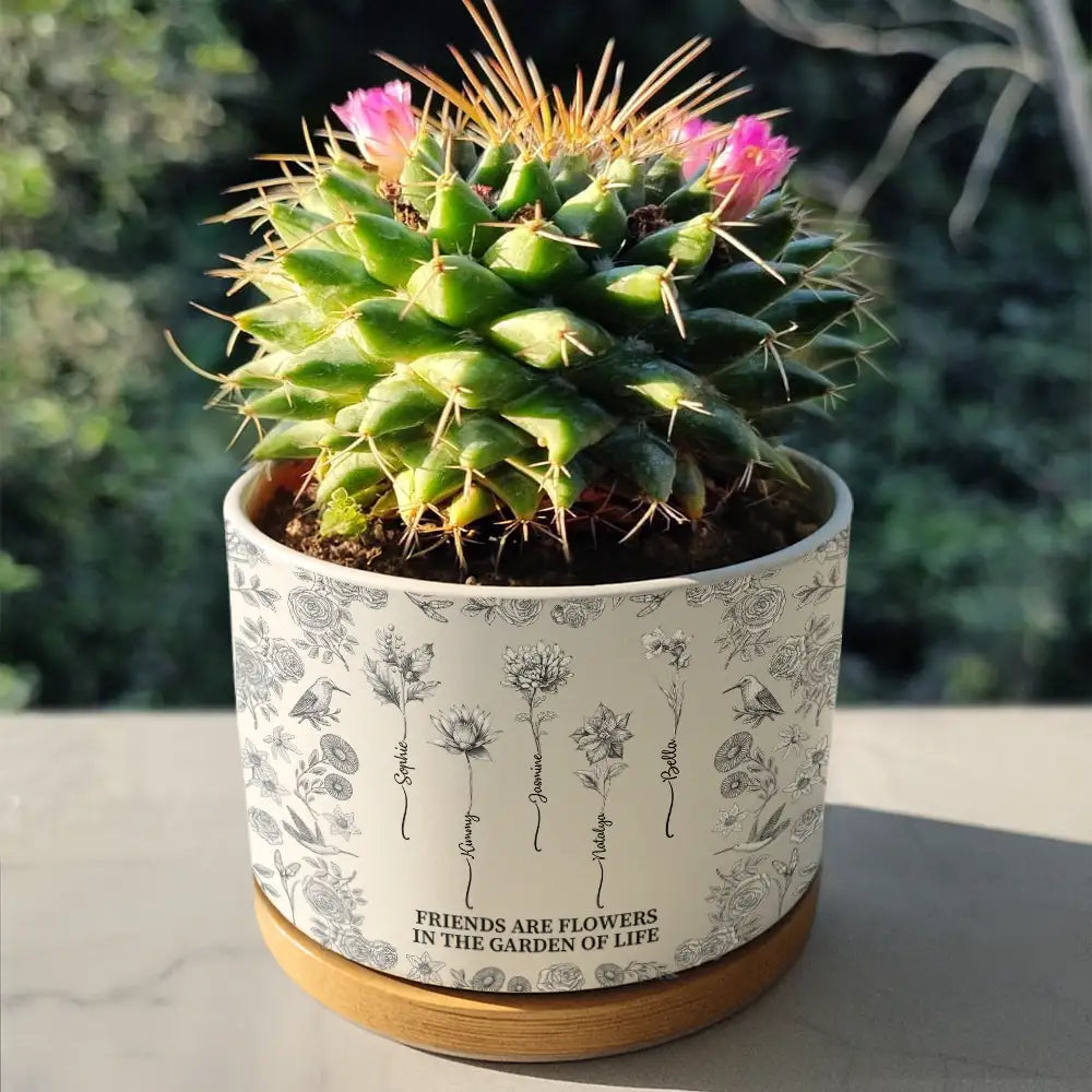 Gift For Bestie, Old Best friends, Happy - Toile De Jouy Birth Flower Grow An Old Friend - Personalized Ceramic Plant Pot
