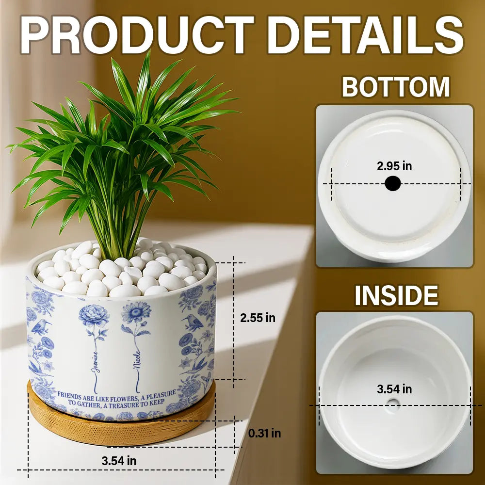 Gift For Bestie, Old Best friends, Happy - Toile De Jouy Birth Flower Grow An Old Friend - Personalized Ceramic Plant Pot