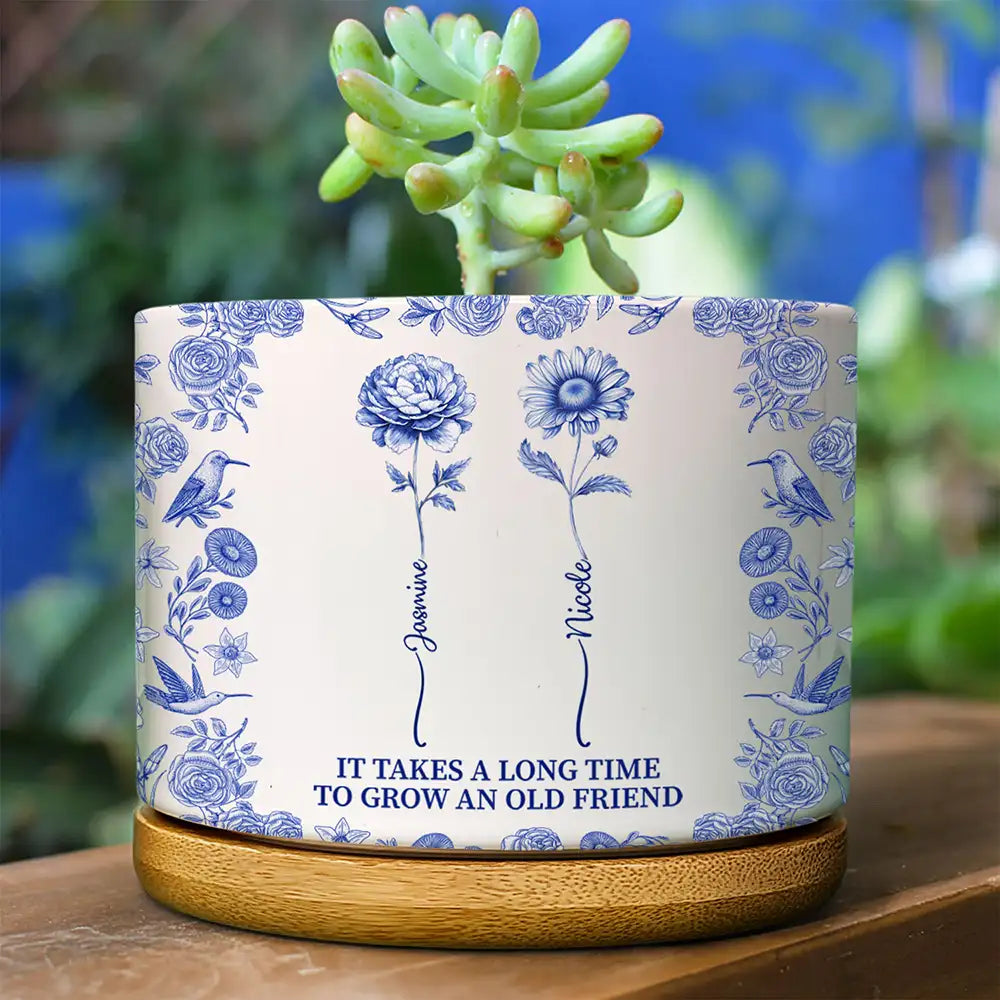 Gift For Bestie, Old Best friends, Happy - Toile De Jouy Birth Flower Grow An Old Friend - Personalized Ceramic Plant Pot