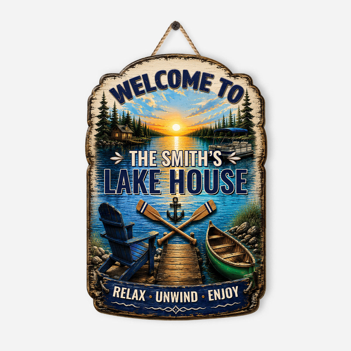 Personalized lake house wood sign with family name for rustic cabin gift