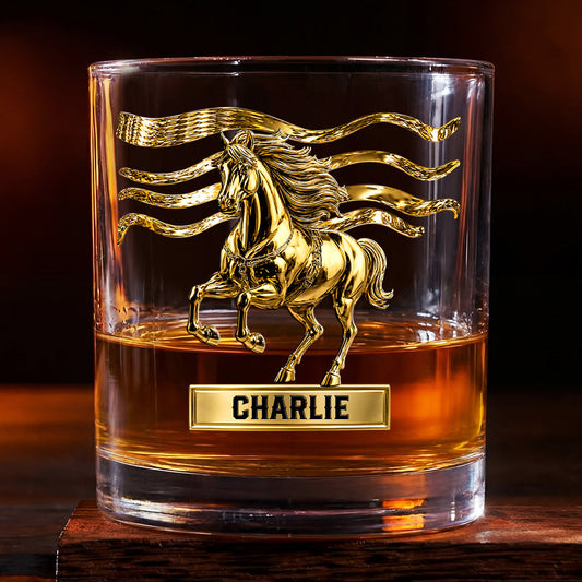 Personalized horse whiskey glass with custom name engraving and golden 3D stallion design for horse lovers
