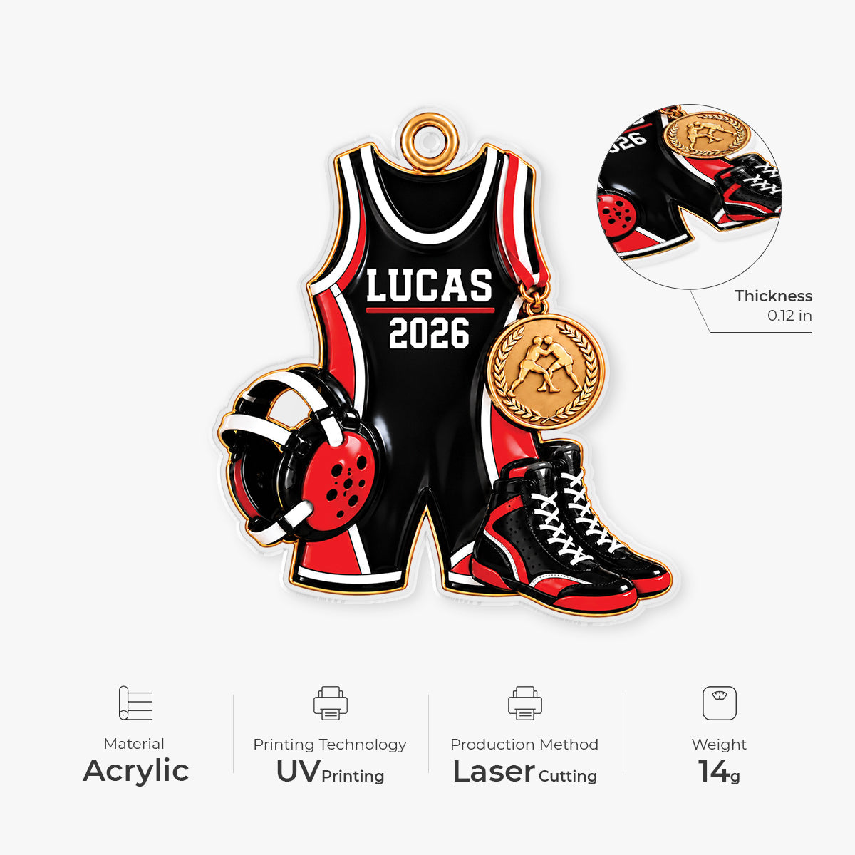 Personalized Wrestling Acrylic Ornament - Custom Name Singlet Gear Gift for Wrestlers