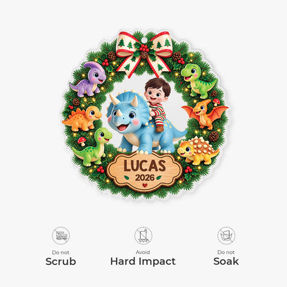 Personalized Dinosaur Christmas Wreath Acrylic Ornament - Custom Name Keepsake Gift for Kids