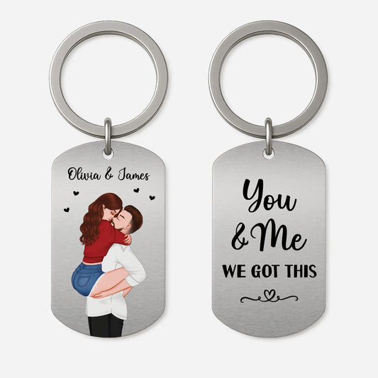 Personalized relationship keychain with custom couple illustration and text reading You and Me We Got This