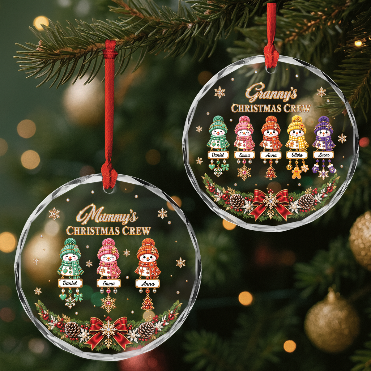 Christmas Crew Personalized Glass Ornament - Custom Snowman Family Keepsake Gift