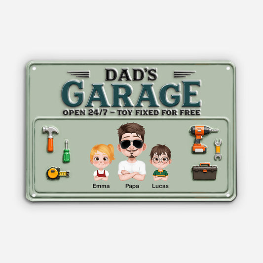 Personalized Dad's Garage metal sign featuring custom cartoon avatars and names for kids, dad, or grandad
