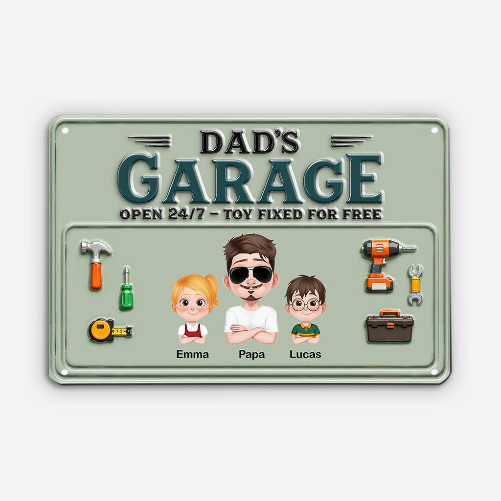 Personalized Dad's Garage metal sign featuring custom cartoon avatars and names for kids, dad, or grandad