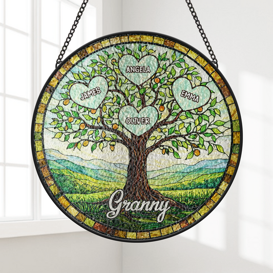Personalised Tree Of Life Stained Glass Suncatcher - Gift For Granny/Grandad