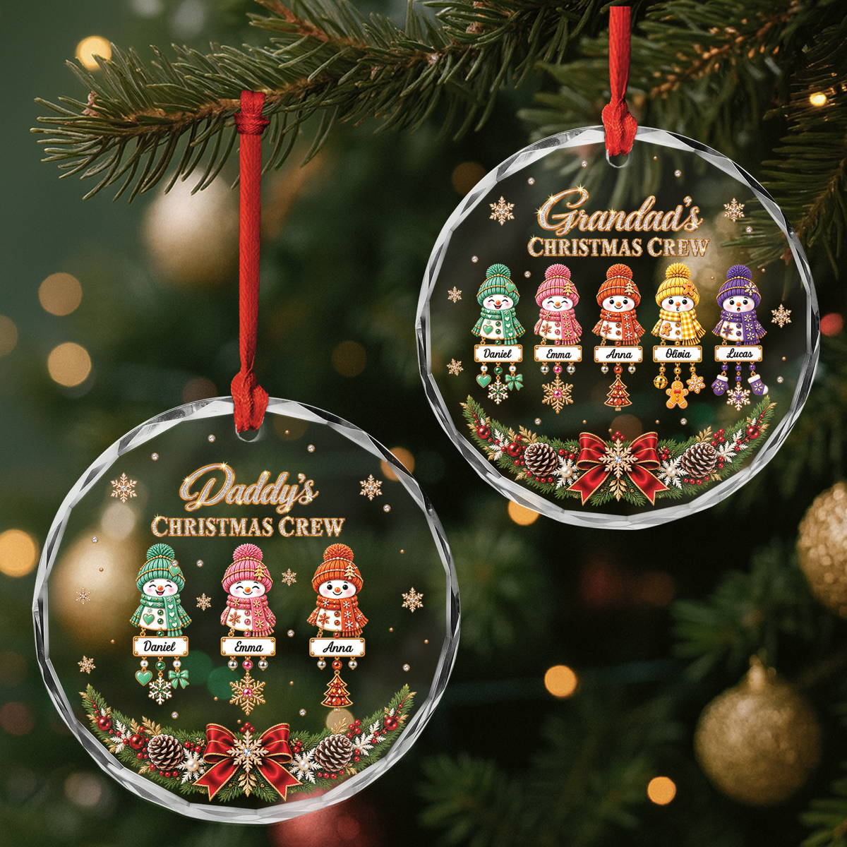 Christmas Crew Personalized Glass Ornament - Custom Snowman Family Keepsake Gift