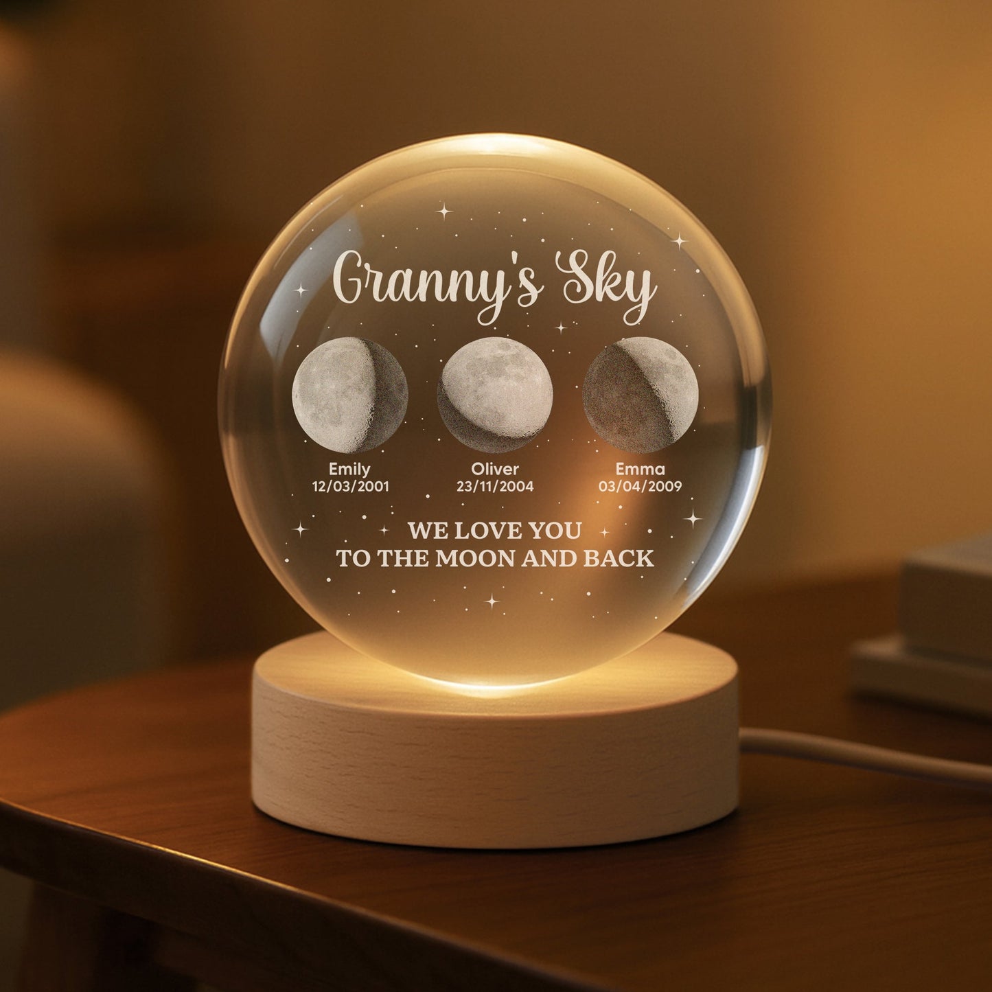 Personalised Moon Phase Crystal Ball Lamp - Custom Gift for Grandma & Mum