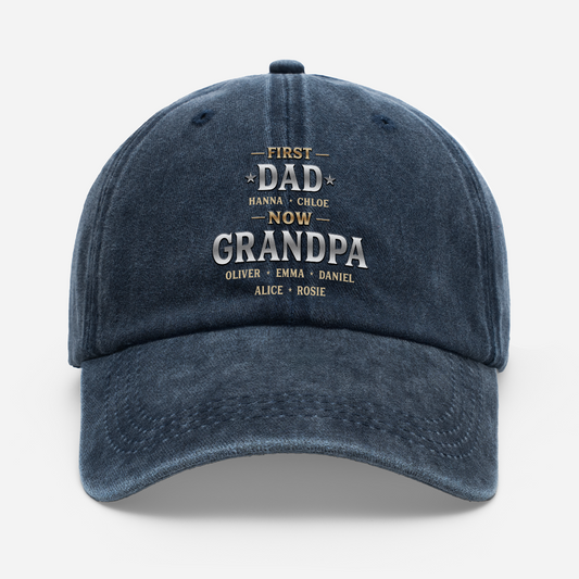 Custom First Dad Now Grandpa Hat for Dad with personalized design details for meaningful gifting