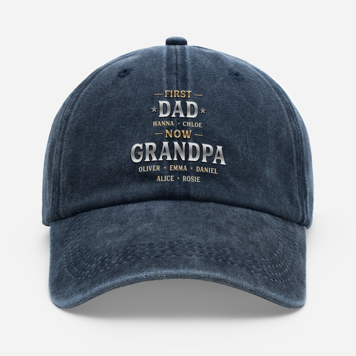 Custom First Dad Now Grandpa Hat for Dad with personalized design details for meaningful gifting