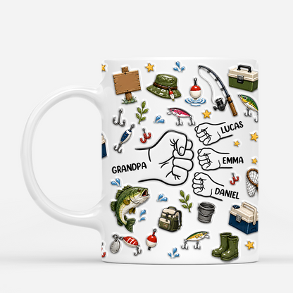 Fist Bump Personalized Fishing Mug for Dad and Grandpa - Custom Kids Name Coffee Cup Gift