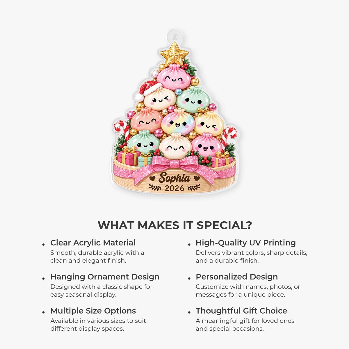 Squishy Dumpling Christmas Tree - Personalized Acrylic Ornament for Kids and Family Holiday Keepsake
