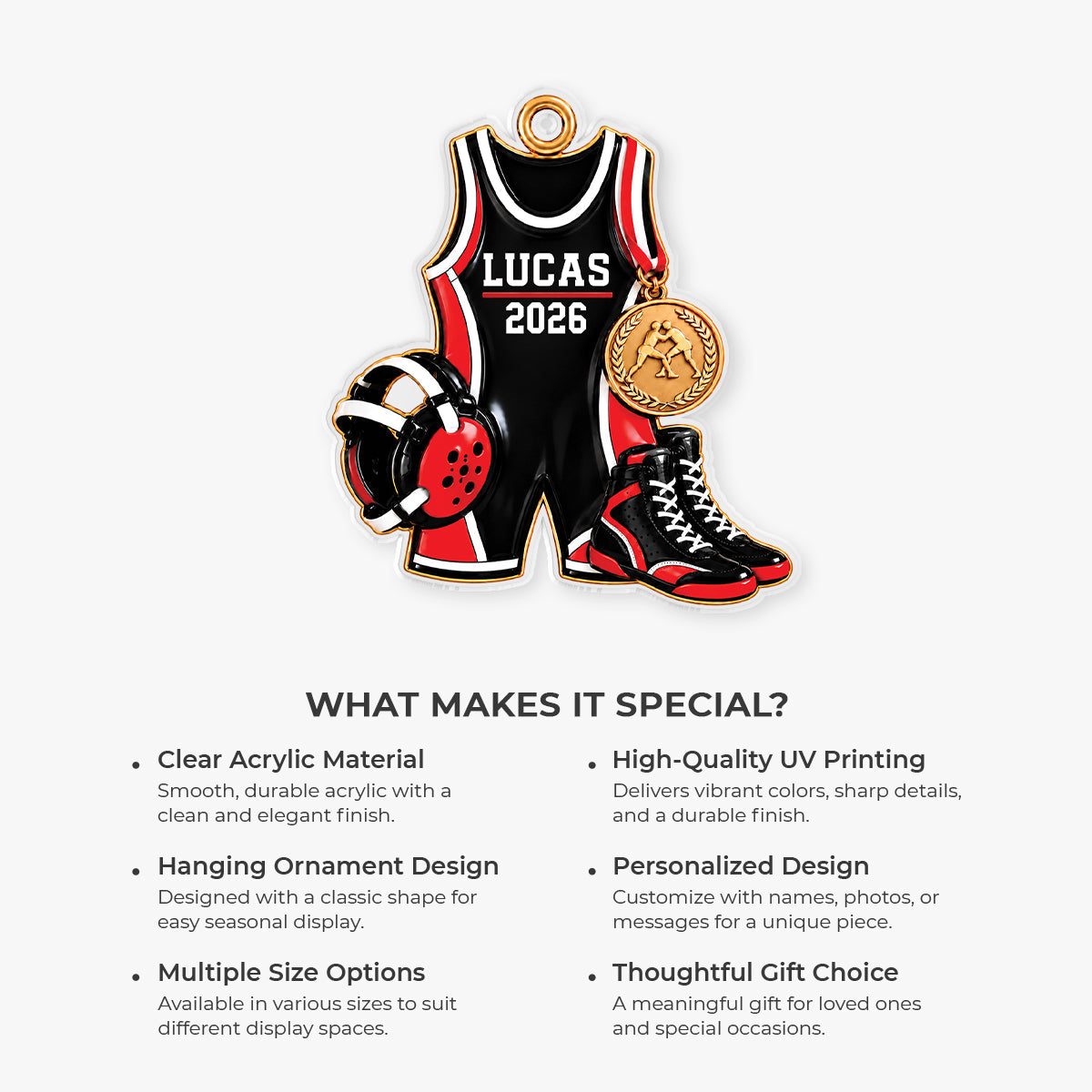 Personalized Wrestling Acrylic Ornament - Custom Name Singlet Gear Gift for Wrestlers