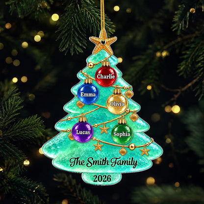 Personalized Christmas Tree Acrylic Ornament - Custom Family Name Sea Glass Holiday Keepsake Gift