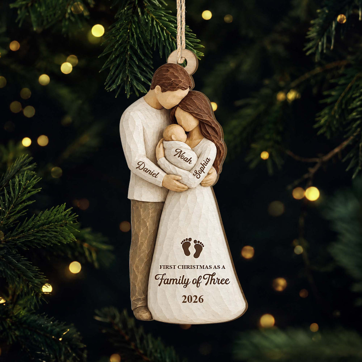 First Christmas as a Family of Three - Personalized Wooden Ornament for New Parents