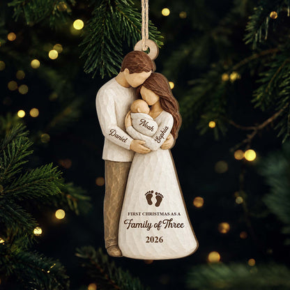 First Christmas as a Family of Three - Personalized Wooden Ornament for New Parents