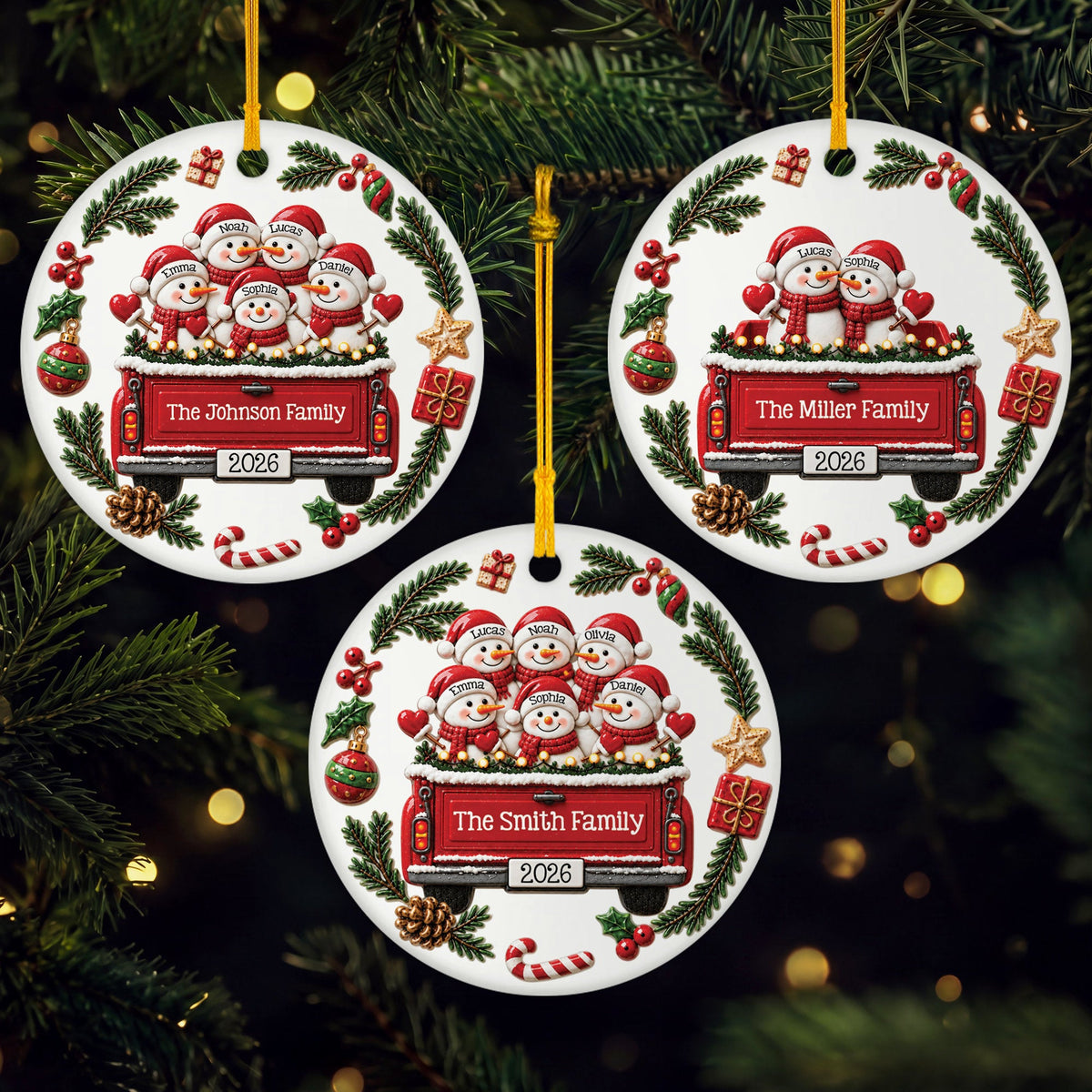Snowman Family Truck Ceramic Ornament - Personalized Christmas Ornament Gift for Family