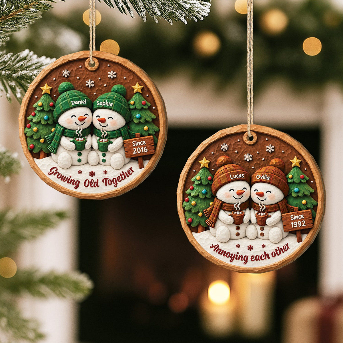 Growing Old Together Personalized Snowman Wooden Ornament - Couples Christmas Gift