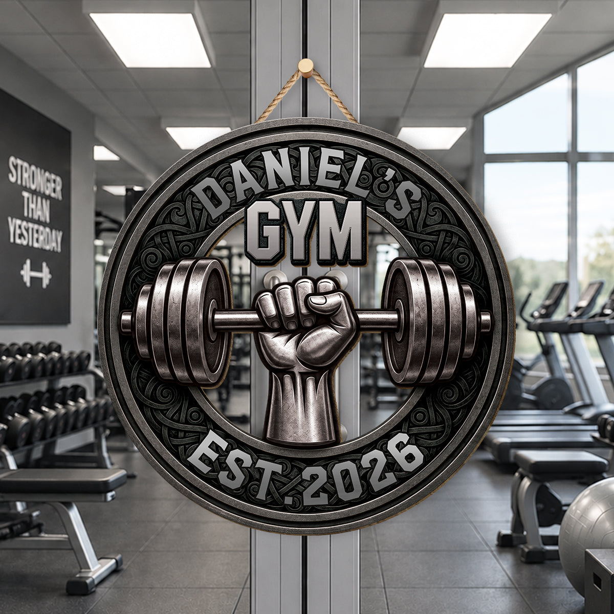Custom Gym Name Wood Sign with Barbell Graphic - Personalized Fitness Gift