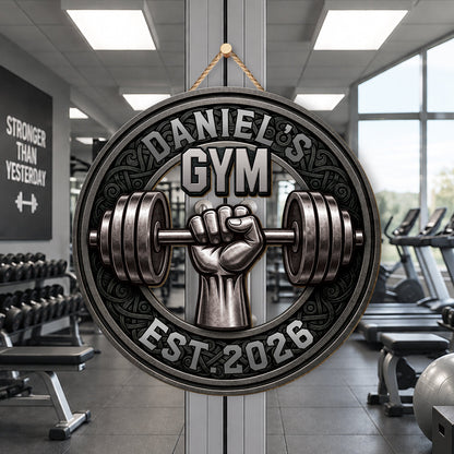 Custom Gym Name Wood Sign with Barbell Graphic - Personalized Fitness Gift