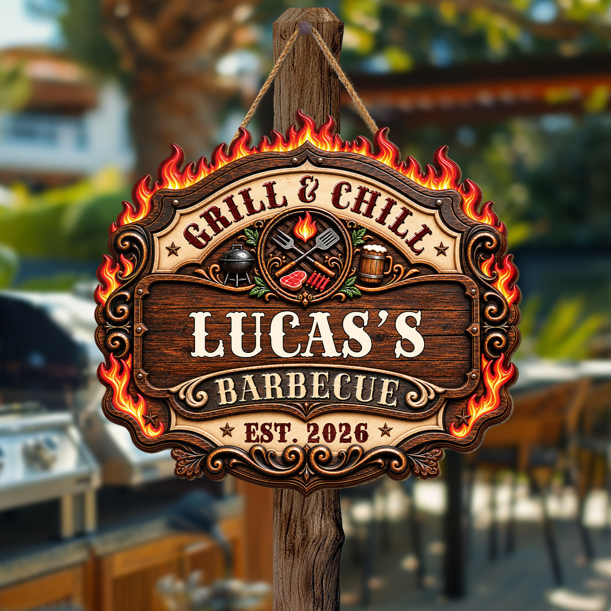Grill and Chill Personalized Wood Sign - Custom BBQ Patio Decor Gift for Him
