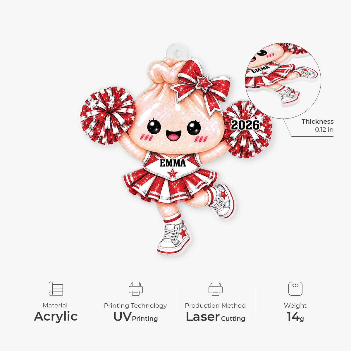 Squishy Cheerleader Dumpling Personalized Acrylic Ornament - Cute Christmas Gift for Cheerleaders