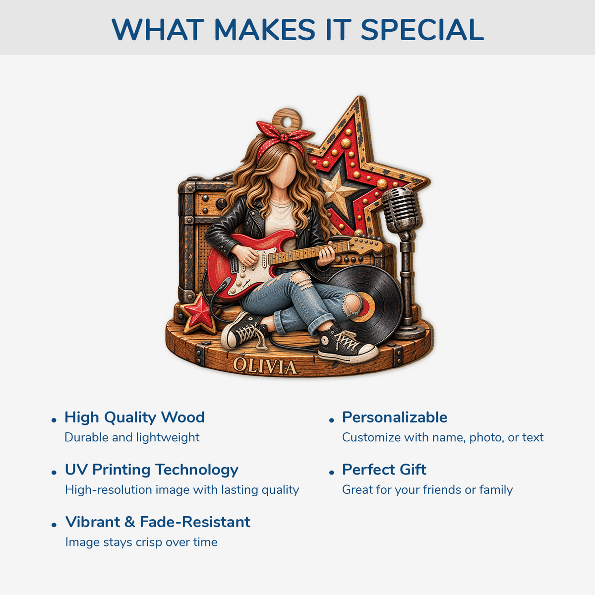 Rock Guitar Player Personalized Wooden Ornament - Custom Name Keepsake for Music Lovers
