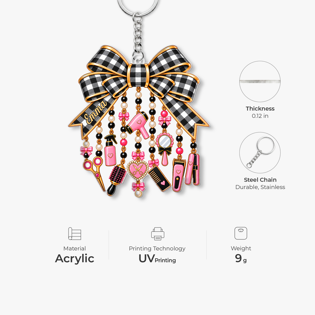 Personalized Hair Stylist Bow Acrylic Keychain - Custom Hairdresser Name & Salon Tool Charm Gift