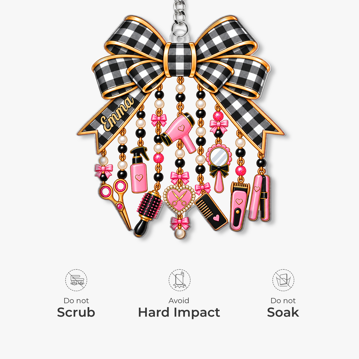 Personalized Hair Stylist Bow Acrylic Keychain - Custom Hairdresser Name & Salon Tool Charm Gift