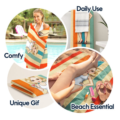 Personalized Cartoon Beach Towel - Custom Name Summer Vacation Gift for Her