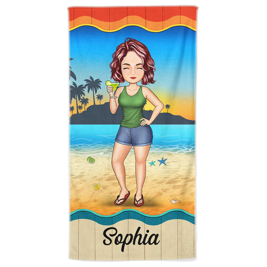 Personalized Cartoon Beach Towel - Custom Name Summer Vacation Gift for Her