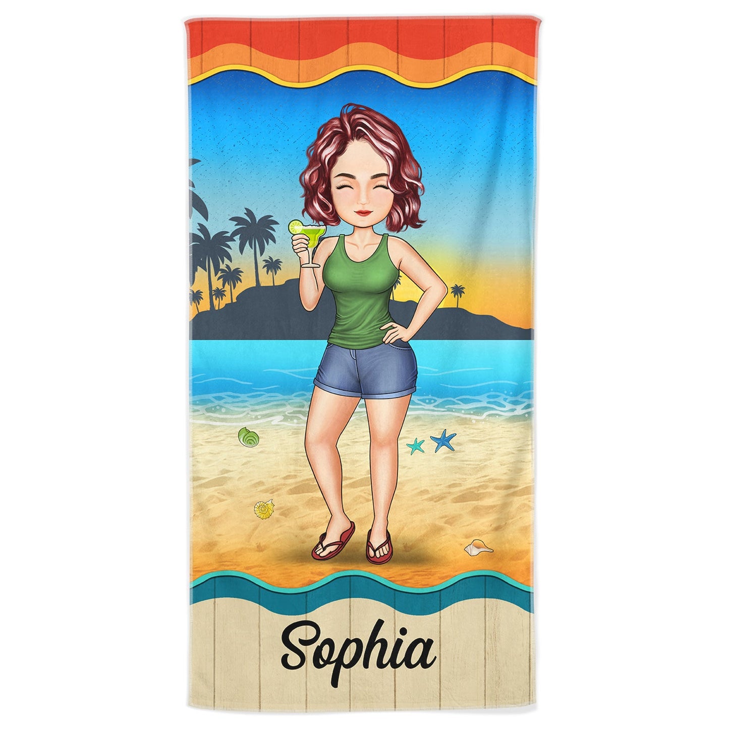 Personalized Cartoon Beach Towel - Custom Name Summer Vacation Gift for Her