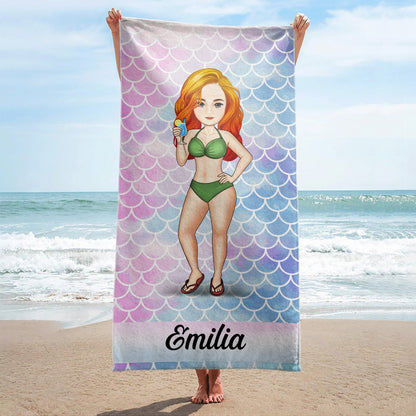 Personalized Cartoon Beach Towel - Custom Name Summer Vacation Gift for Her