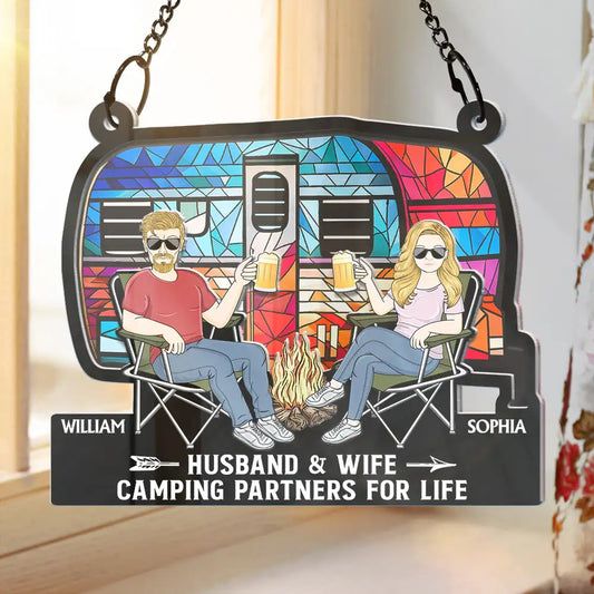 Camping Couple Husband & Wife Camping Partners For Life - Personalized Acrylic Window Hanging Suncatcher