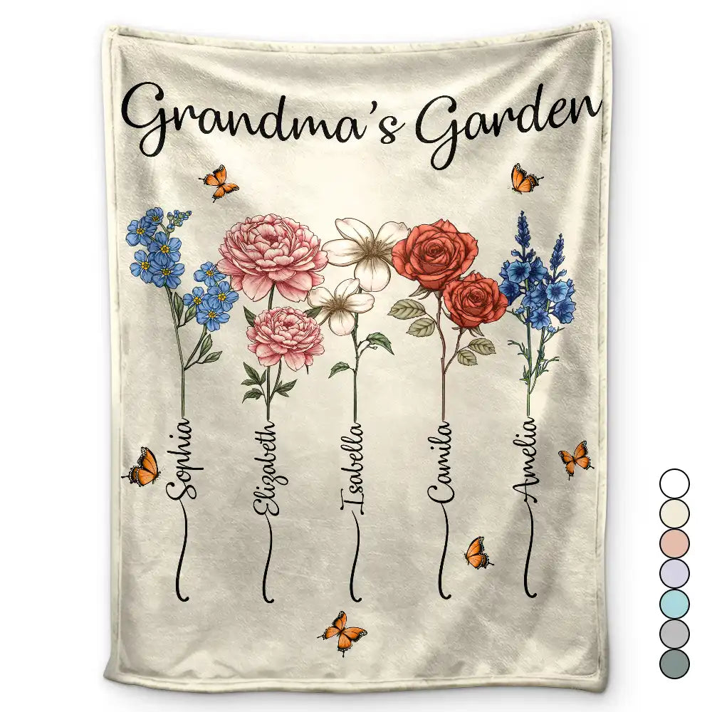 Gift For Grandma, Gift For Women, Gift For Mother - Grandma's Garden Birth Flower Bouquet - Personalized Fleece Blanket, Sherpa Blanket