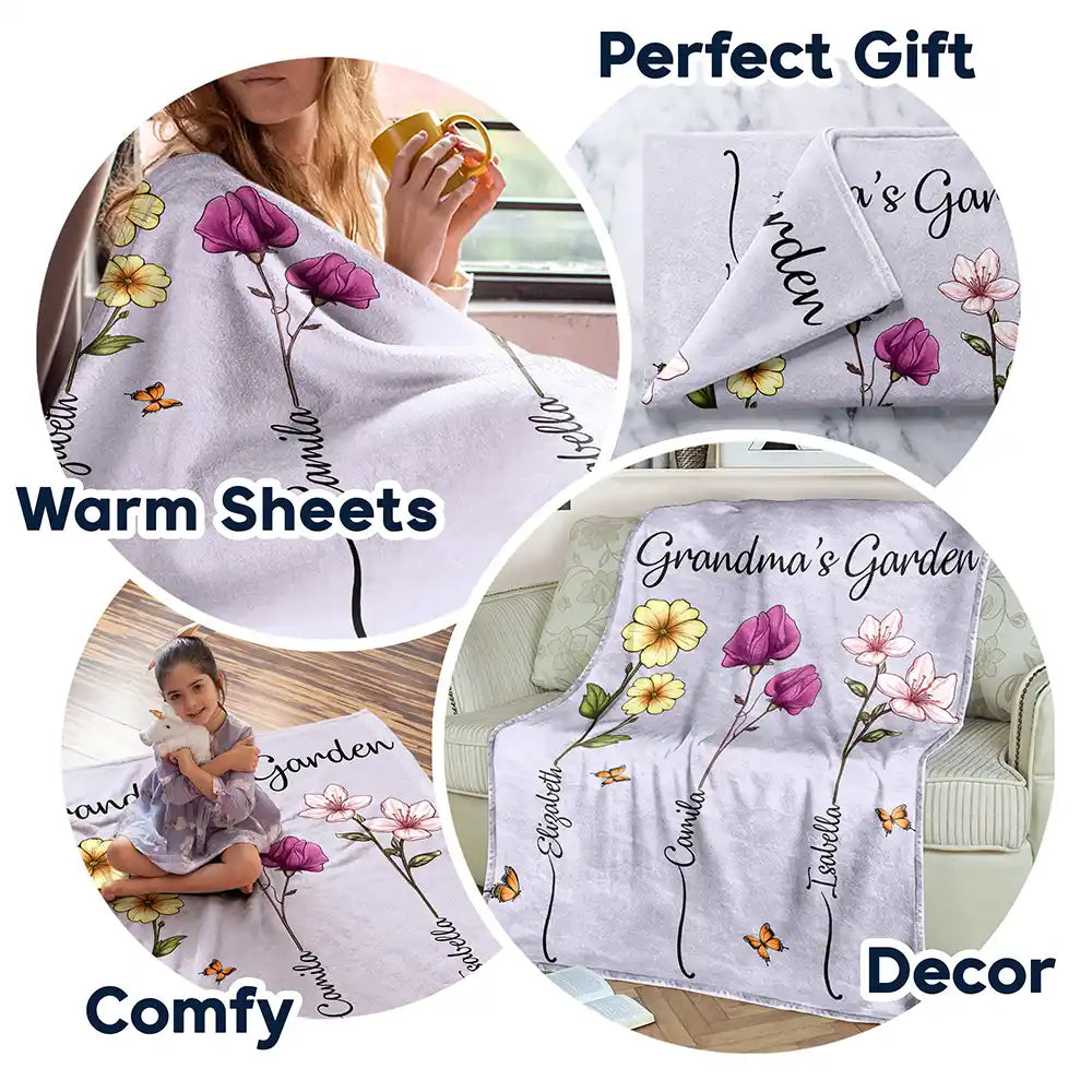 Gift For Grandma, Gift For Women, Gift For Mother - Grandma's Garden Birth Flower Bouquet - Personalized Fleece Blanket, Sherpa Blanket